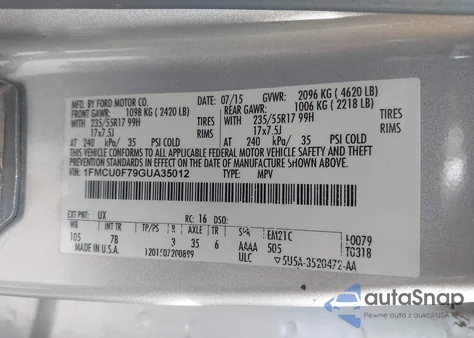 2016 Ford Escape S из США, поврежденный, VIN 1FMCU0F79GUA35012